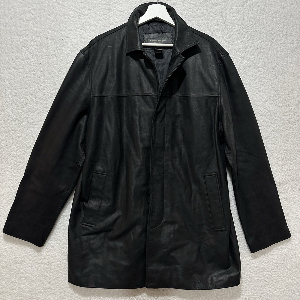 Banana Republic Factory Store Black Button Down Genuine Leather Coat Jacket Sz L